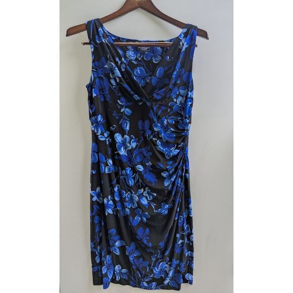 American Living Women Dress Sheath Blue Navy Size 14 Floral Faux Wrap 90s Y2K - Picture 1 of 7
